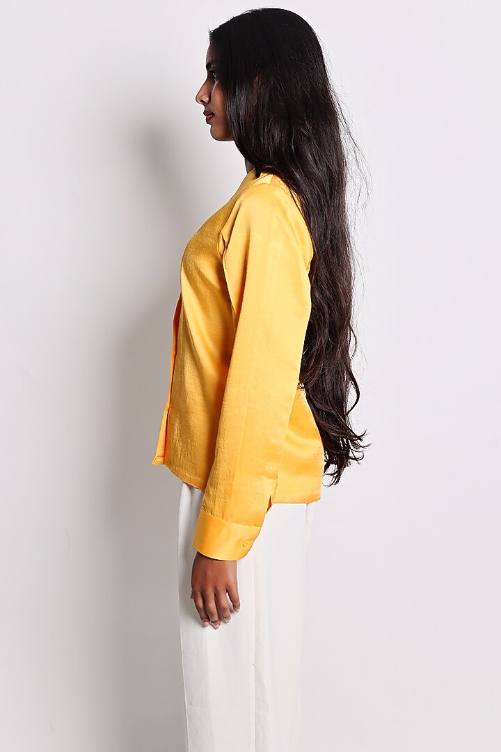 Orange Linen Satin Hand Embroidered Bowler Shirt by ARYA GIRI at Pernia's Pop Up Shop