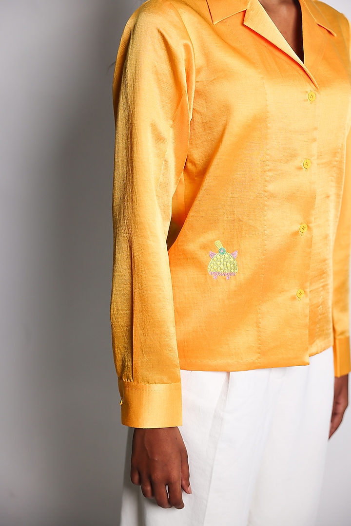 Orange Linen Satin Hand Embroidered Bowler Shirt by ARYA GIRI at Pernia's Pop Up Shop