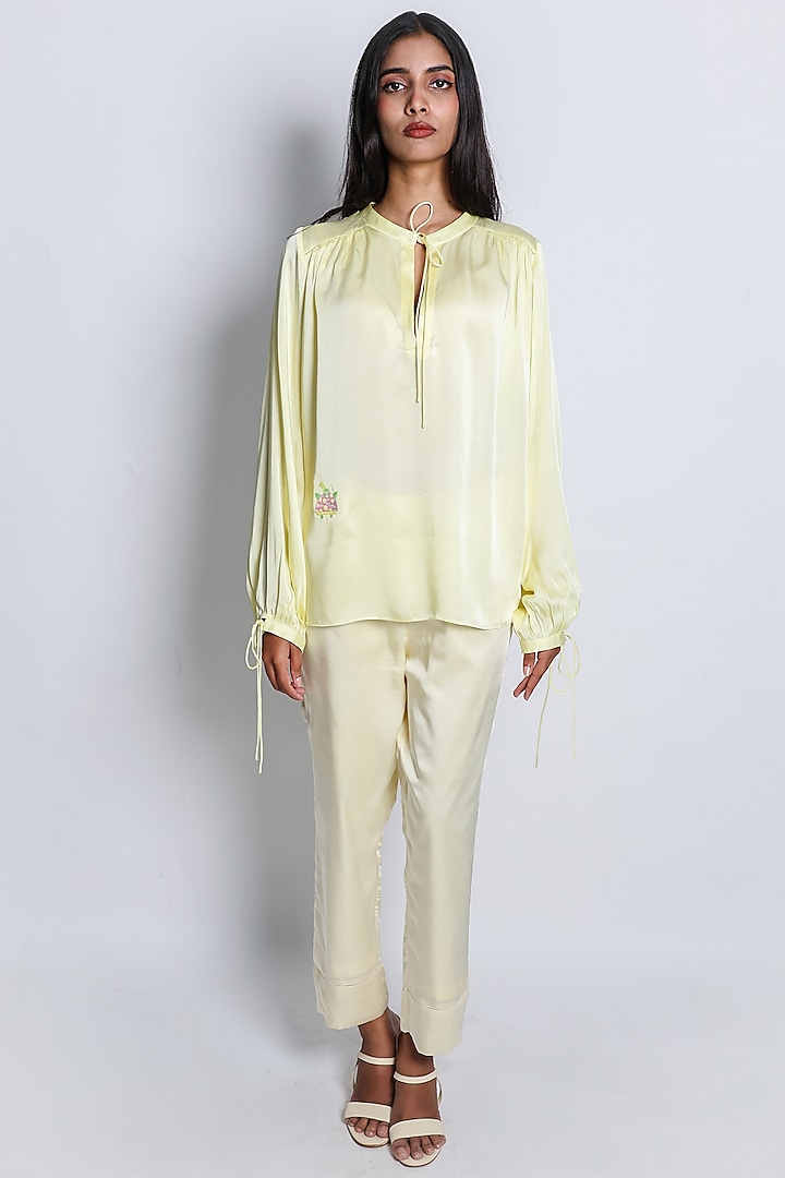 Yellow Linen Satin Hand Embroidered Co-Ord Set by ARYA GIRI at Pernia's Pop Up Shop
