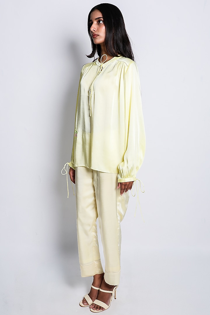 Yellow Linen Satin Hand Embroidered Co-Ord Set by ARYA GIRI at Pernia's Pop Up Shop