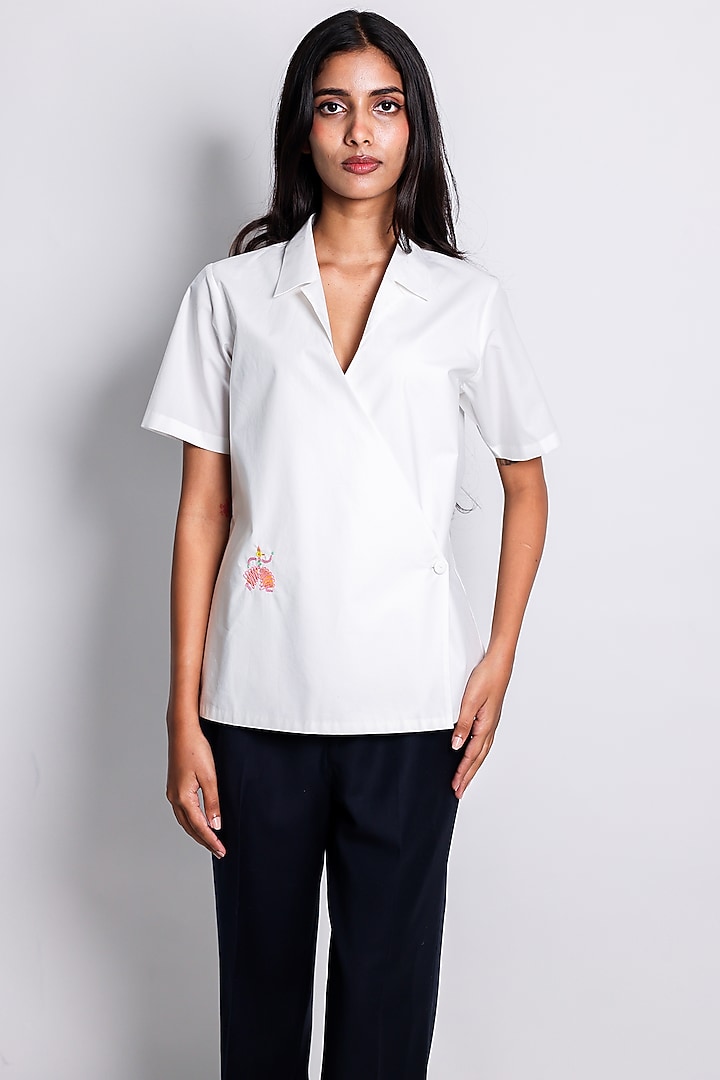 White Poplin Hand Embroidered Wrapped Shirt by ARYA GIRI at Pernia's Pop Up Shop