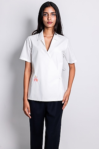 White Poplin Hand Embroidered Wrapped Shirt by ARYA GIRI