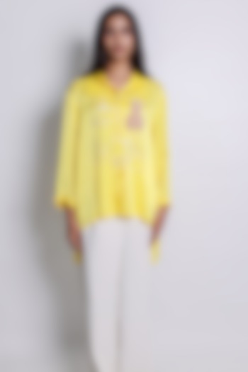 Yellow Satin Hand Embroidered Asymmetric Shirt by ARYA GIRI at Pernia's Pop Up Shop