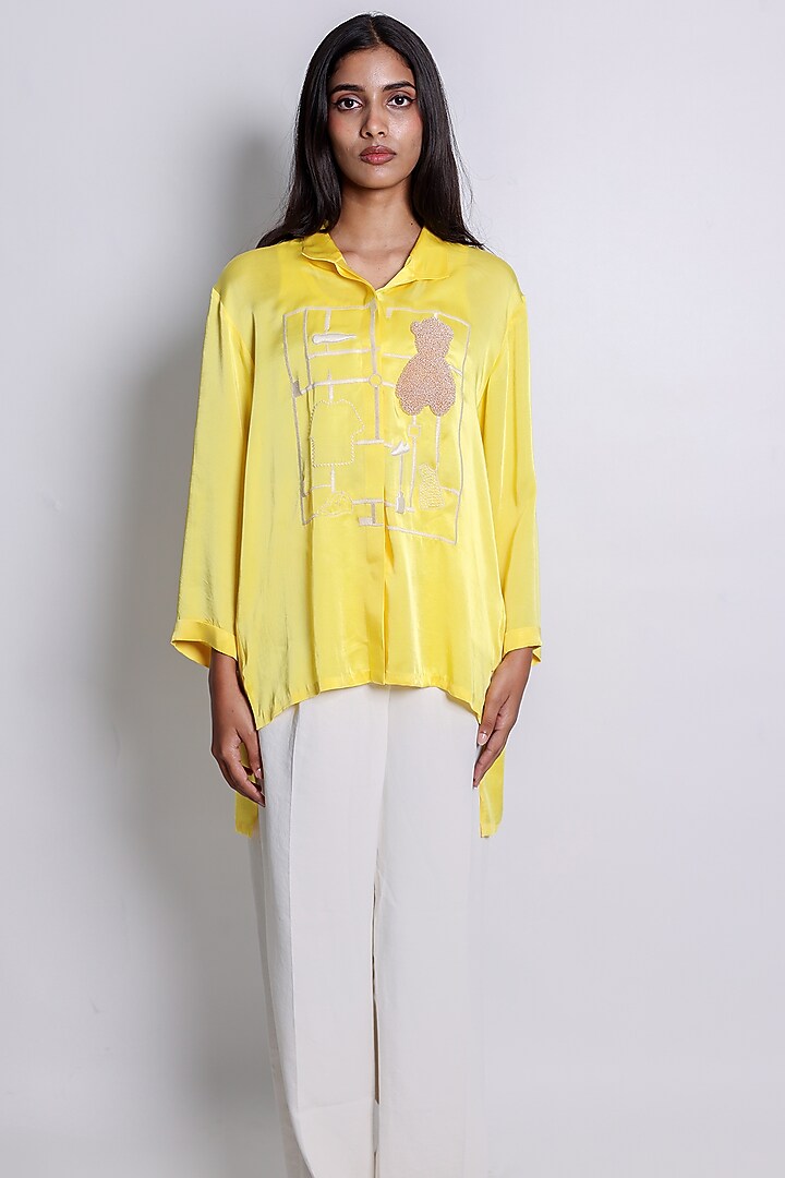 Yellow Satin Hand Embroidered Asymmetric Shirt by ARYA GIRI at Pernia's Pop Up Shop