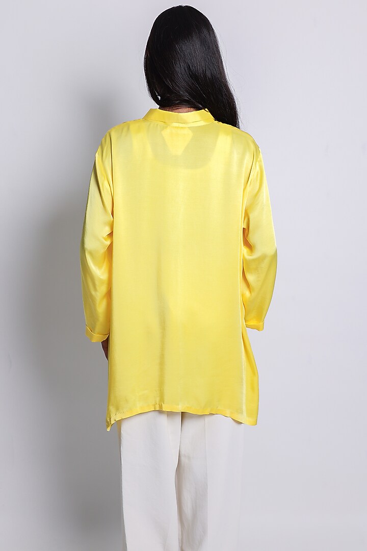 Yellow Satin Hand Embroidered Asymmetric Shirt by ARYA GIRI at Pernia's Pop Up Shop