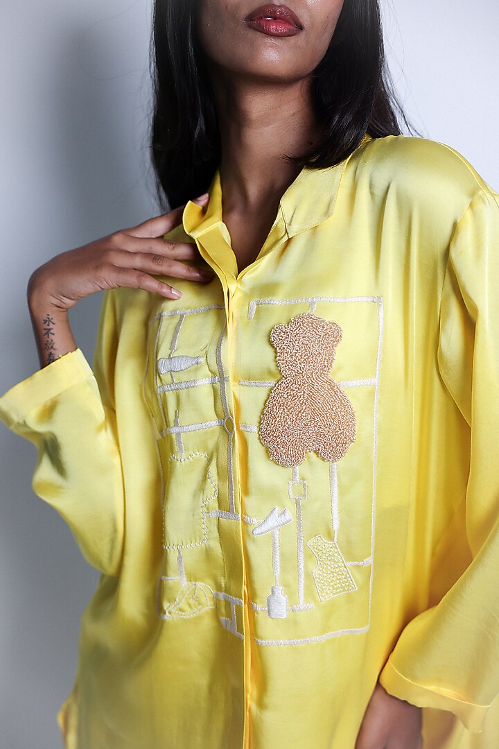 Yellow Satin Hand Embroidered Asymmetric Shirt by ARYA GIRI at Pernia's Pop Up Shop