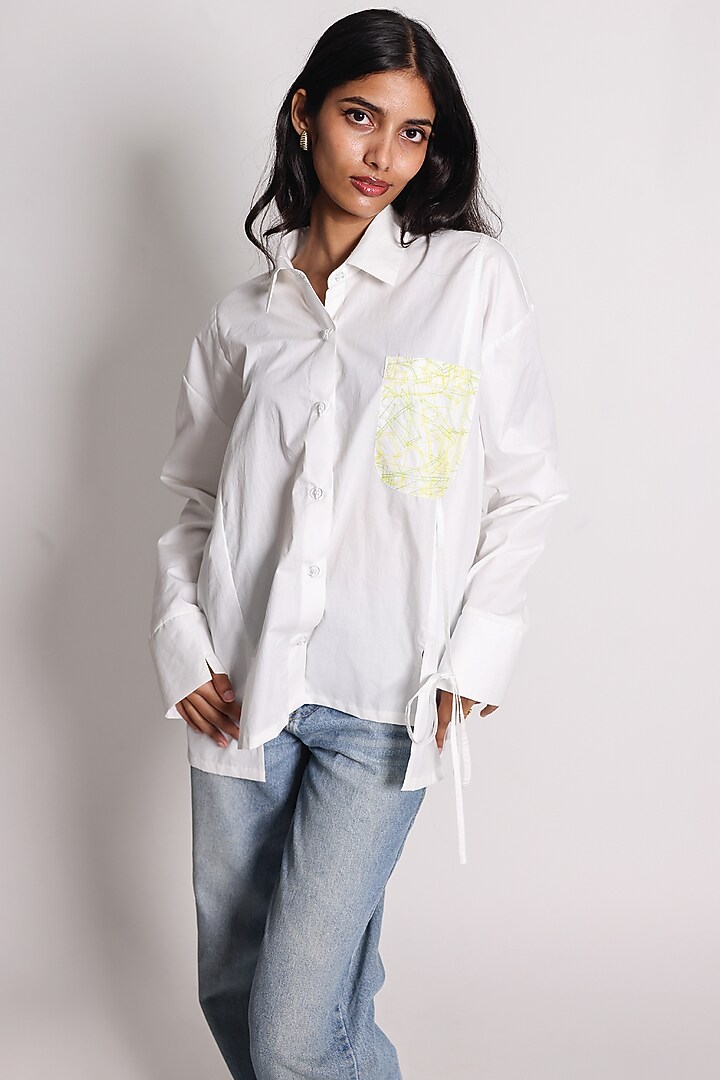 White Poplin Hand Embroidered Shirt by ARYA GIRI at Pernia's Pop Up Shop