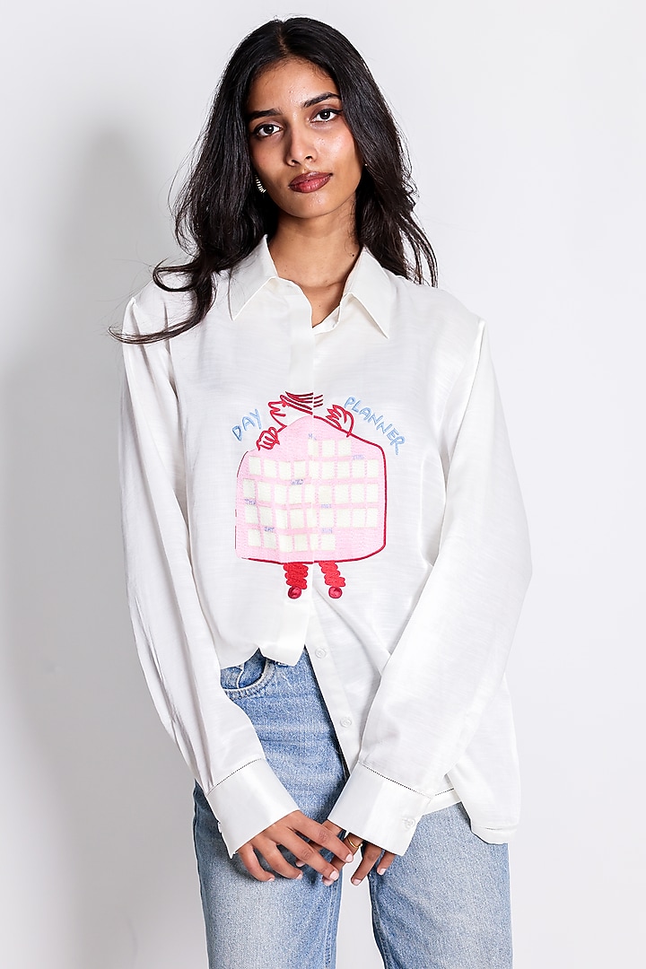 White Linen Satin Calendar Hand Embroidered Shirt by ARYA GIRI at Pernia's Pop Up Shop