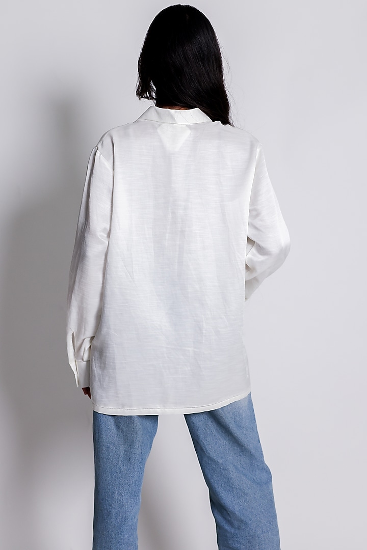 White Linen Satin Calendar Hand Embroidered Shirt by ARYA GIRI at Pernia's Pop Up Shop