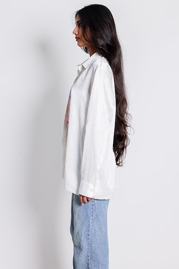 White Linen Satin Calendar Hand Embroidered Shirt by ARYA GIRI at Pernia's Pop Up Shop