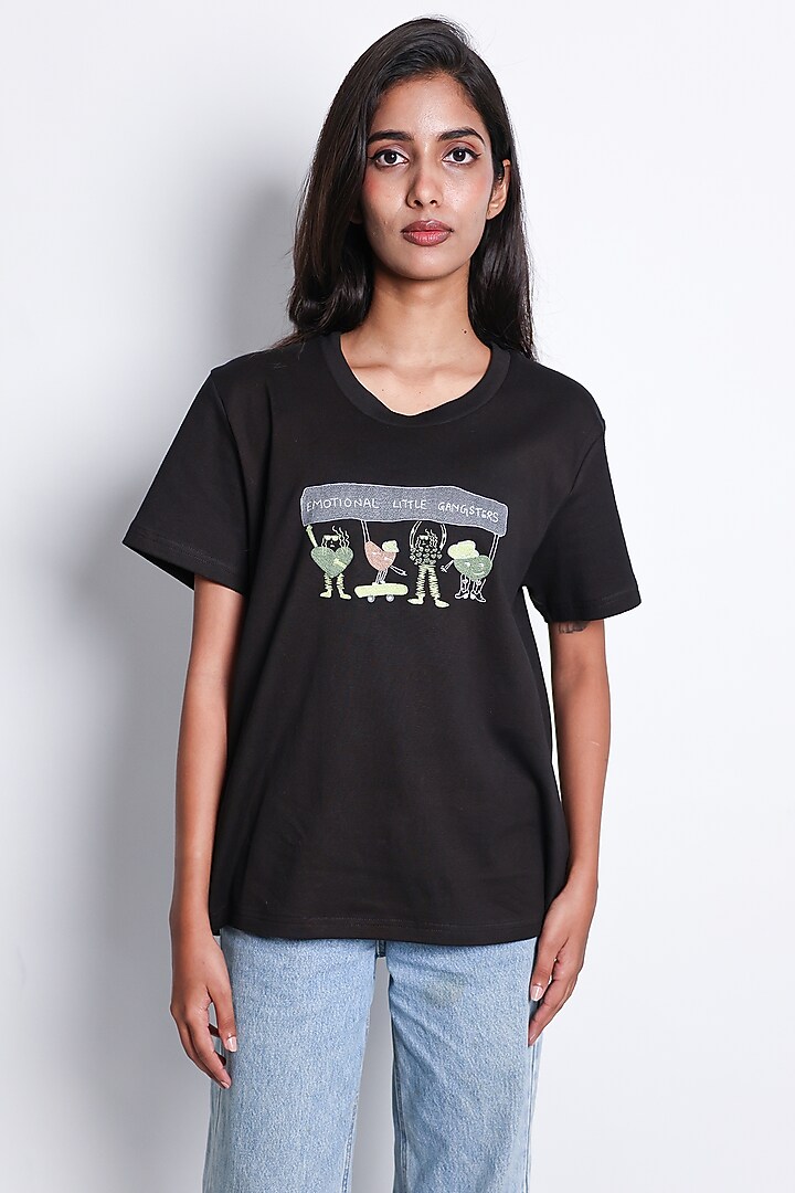 Black Knit Little Gangster Hand Embroidered T-Shirt by ARYA GIRI at Pernia's Pop Up Shop