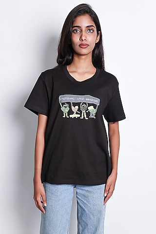 Black Knit Little Gangster Hand Embroidered T-Shirt by ARYA GIRI