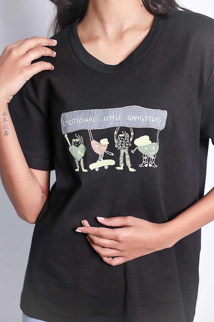 Black Knit Little Gangster Hand Embroidered T-Shirt by ARYA GIRI at Pernia's Pop Up Shop