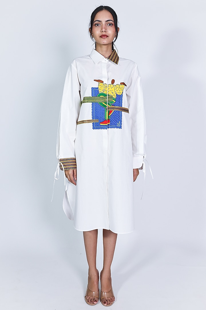 White Poplin Hand Embroidered Vacation Shirt Dress by ARYA GIRI at Pernia's Pop Up Shop