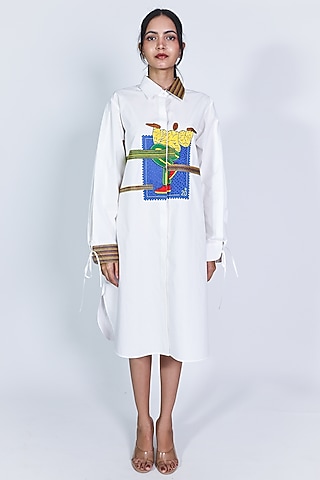 White Poplin Hand Embroidered Shirt Dress by ARYA GIRI