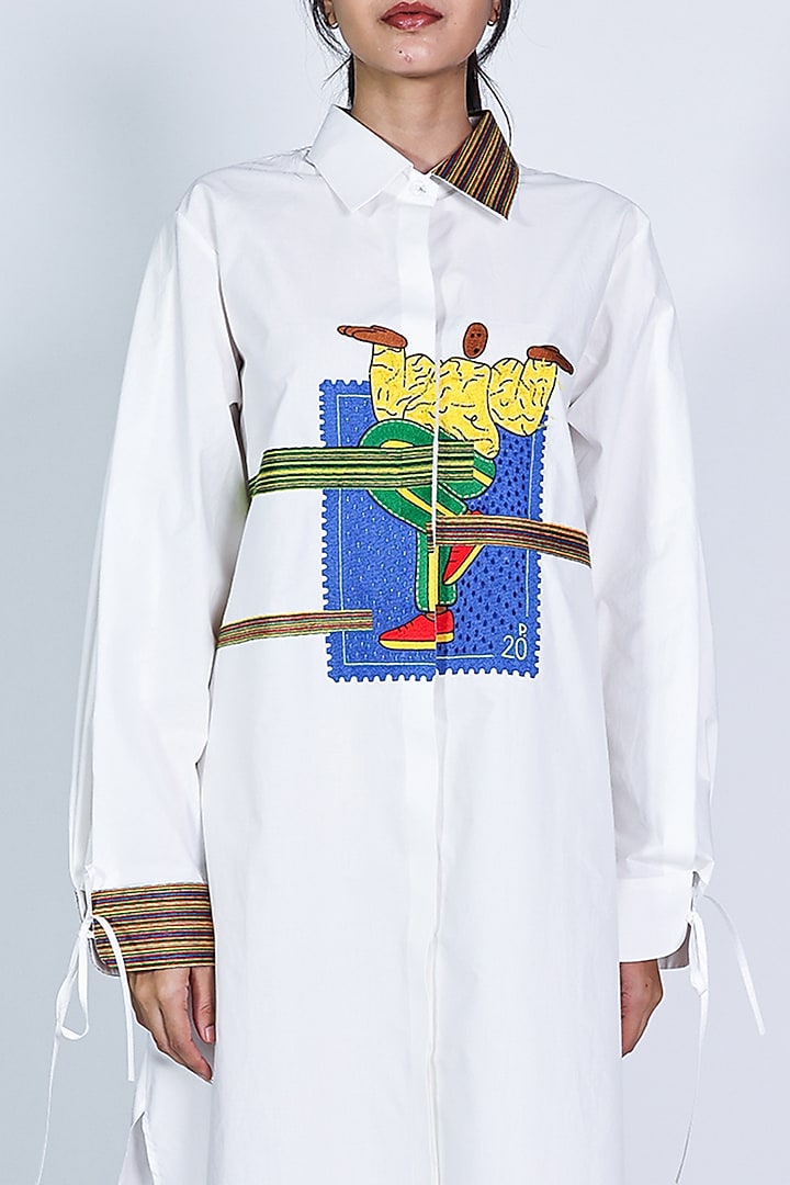 White Poplin Hand Embroidered Vacation Shirt Dress by ARYA GIRI at Pernia's Pop Up Shop