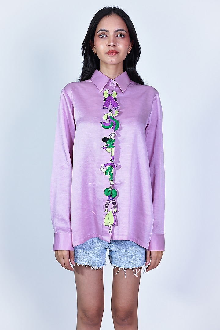 Purple Linen Satin Hand Embroidered Shirt by ARYA GIRI at Pernia's Pop Up Shop