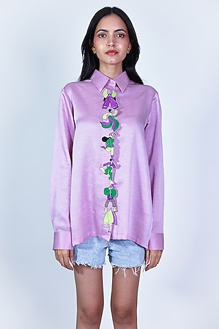 Purple Linen Satin Hand Embroidered Shirt by ARYA GIRI