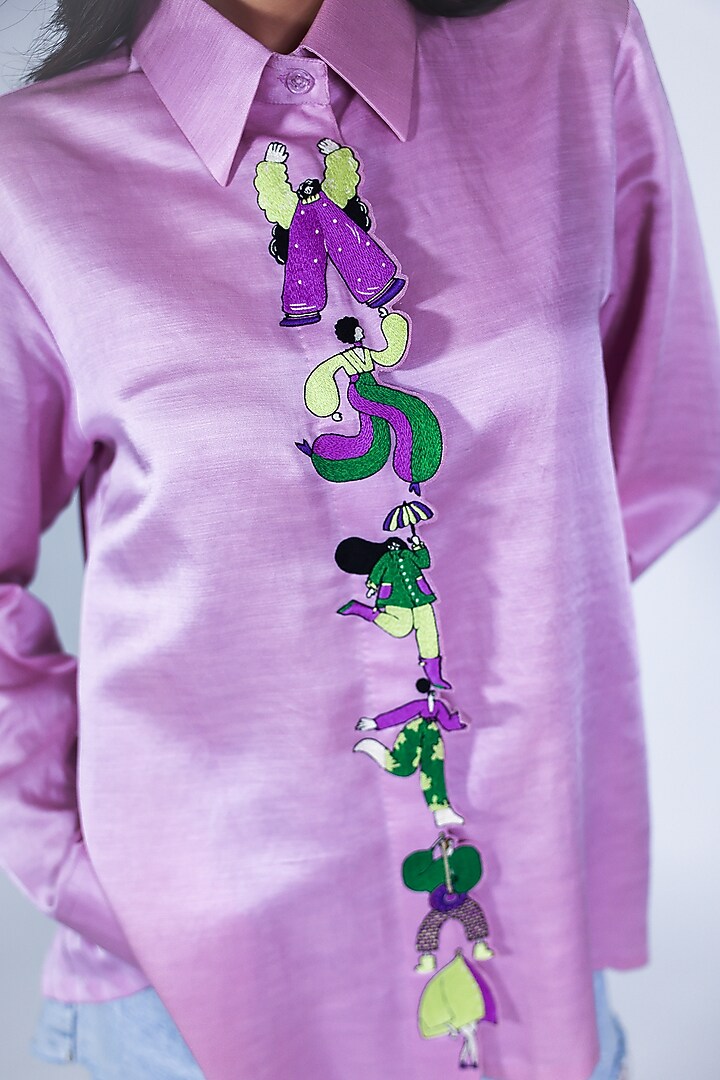 Purple Linen Satin Hand Embroidered Shirt by ARYA GIRI at Pernia's Pop Up Shop