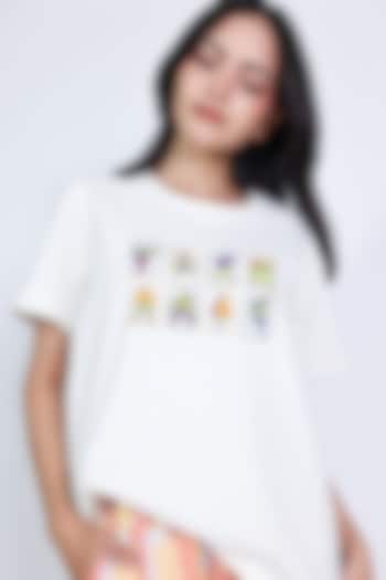 White Knit Cotton Hand Embroidered T-Shirt by ARYA GIRI at Pernia's Pop Up Shop