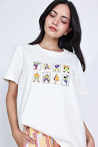 White Knit Cotton Hand Embroidered T-Shirt by ARYA GIRI