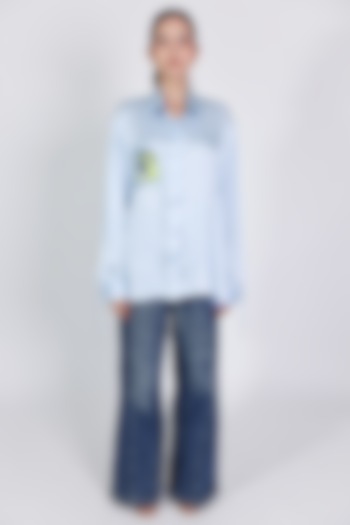 Blue Linen Satin Hand Embroidered Shirt by ARYA GIRI at Pernia's Pop Up Shop