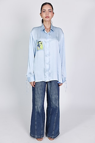 Blue Linen Satin Hand Embroidered Shirt by ARYA GIRI