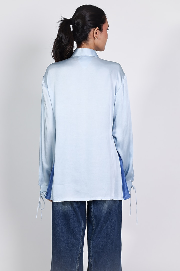 Blue Linen Satin Hand Embroidered Shirt by ARYA GIRI at Pernia's Pop Up Shop