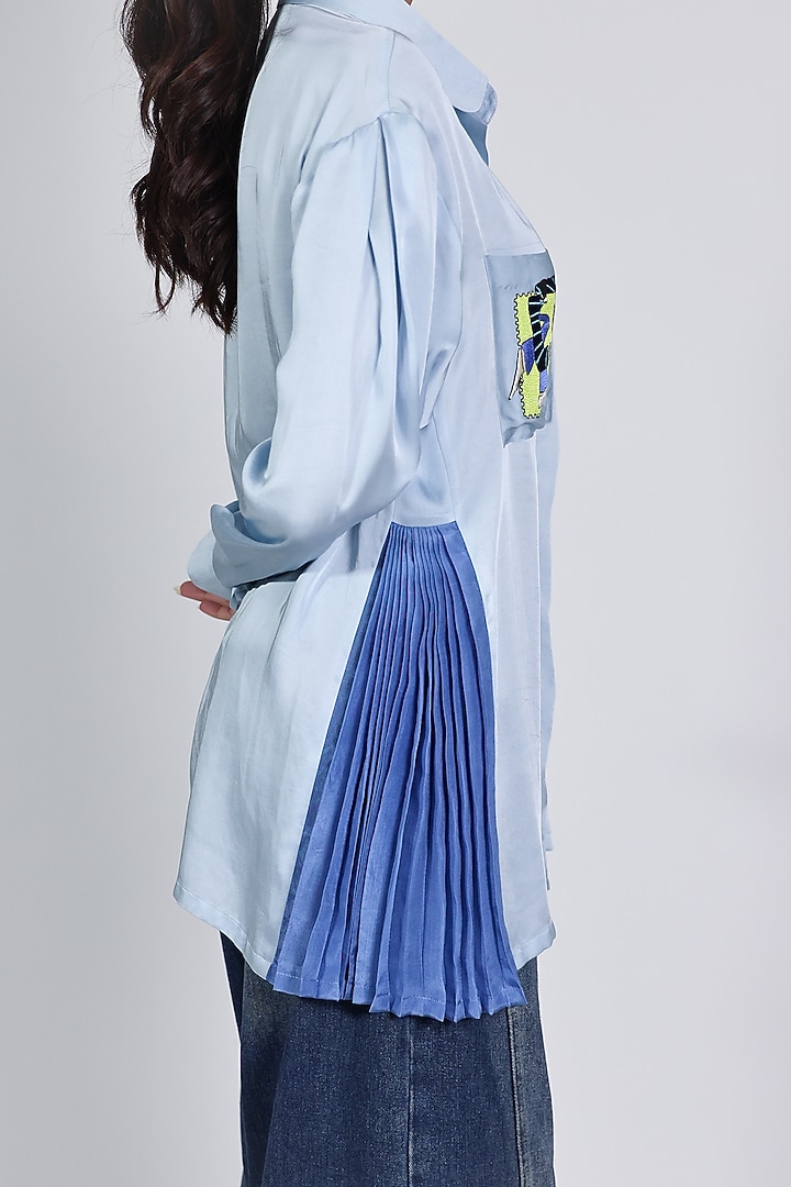 Blue Linen Satin Hand Embroidered Shirt by ARYA GIRI at Pernia's Pop Up Shop