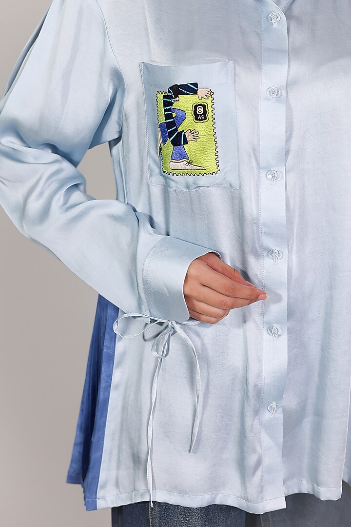 Blue Linen Satin Hand Embroidered Shirt by ARYA GIRI at Pernia's Pop Up Shop