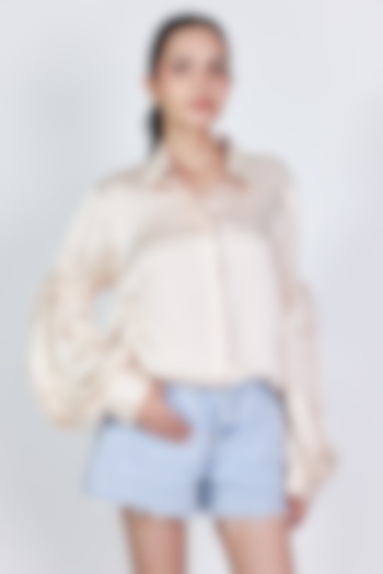 Ivory Linen Satin Hand Embroidered Shirt by ARYA GIRI at Pernia's Pop Up Shop