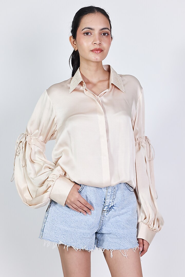Ivory Linen Satin Hand Embroidered Shirt by ARYA GIRI at Pernia's Pop Up Shop