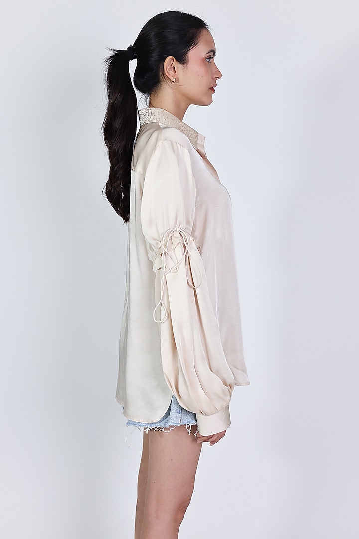 Ivory Linen Satin Hand Embroidered Shirt by ARYA GIRI at Pernia's Pop Up Shop