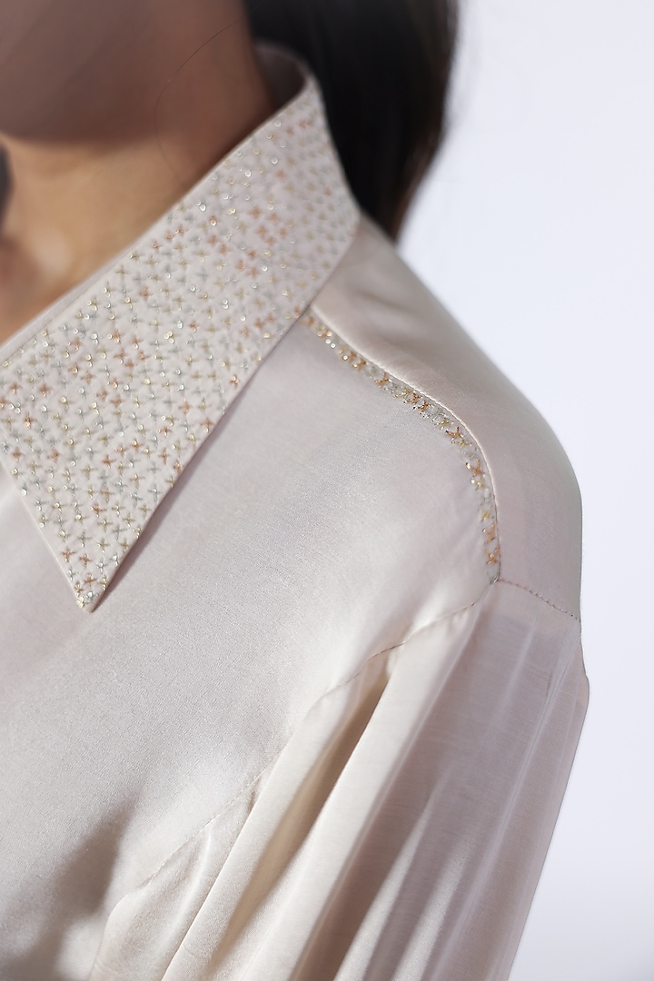 Ivory Linen Satin Hand Embroidered Shirt by ARYA GIRI at Pernia's Pop Up Shop