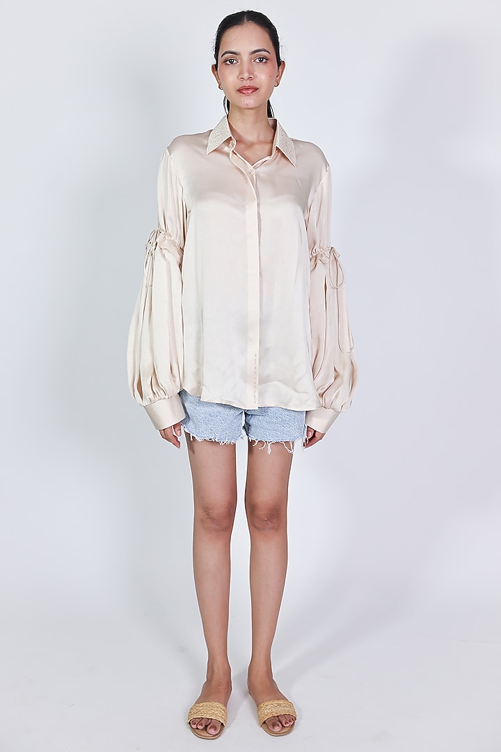 Ivory Linen Satin Hand Embroidered Shirt by ARYA GIRI at Pernia's Pop Up Shop