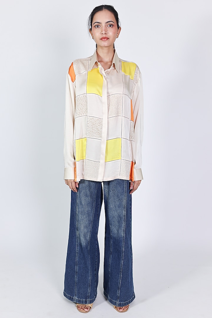 Ivory Linen Satin Hand Embroidered Shirt by ARYA GIRI at Pernia's Pop Up Shop