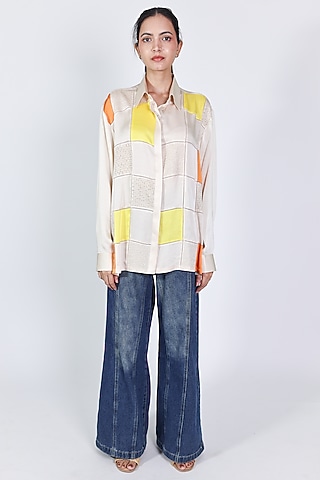 Ivory Linen Satin Hand Embroidered Shirt by ARYA GIRI
