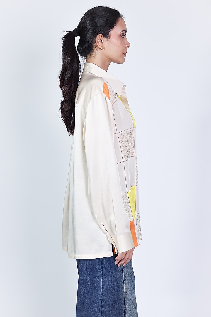 Ivory Linen Satin Hand Embroidered Shirt by ARYA GIRI at Pernia's Pop Up Shop
