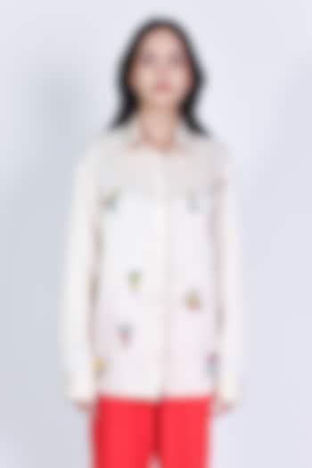 Ivory Linen Satin Hand Embroidered Shirt by ARYA GIRI at Pernia's Pop Up Shop