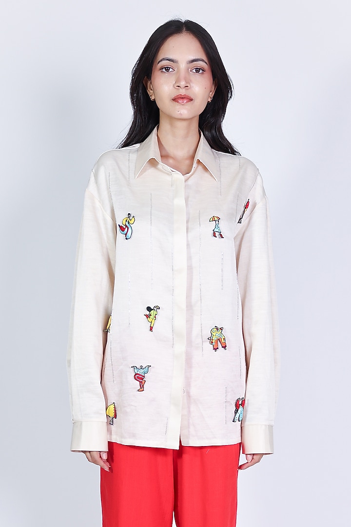 Ivory Linen Satin Hand Embroidered Shirt by ARYA GIRI at Pernia's Pop Up Shop