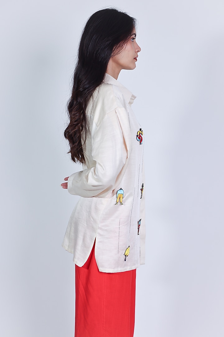 Ivory Linen Satin Hand Embroidered Shirt by ARYA GIRI at Pernia's Pop Up Shop