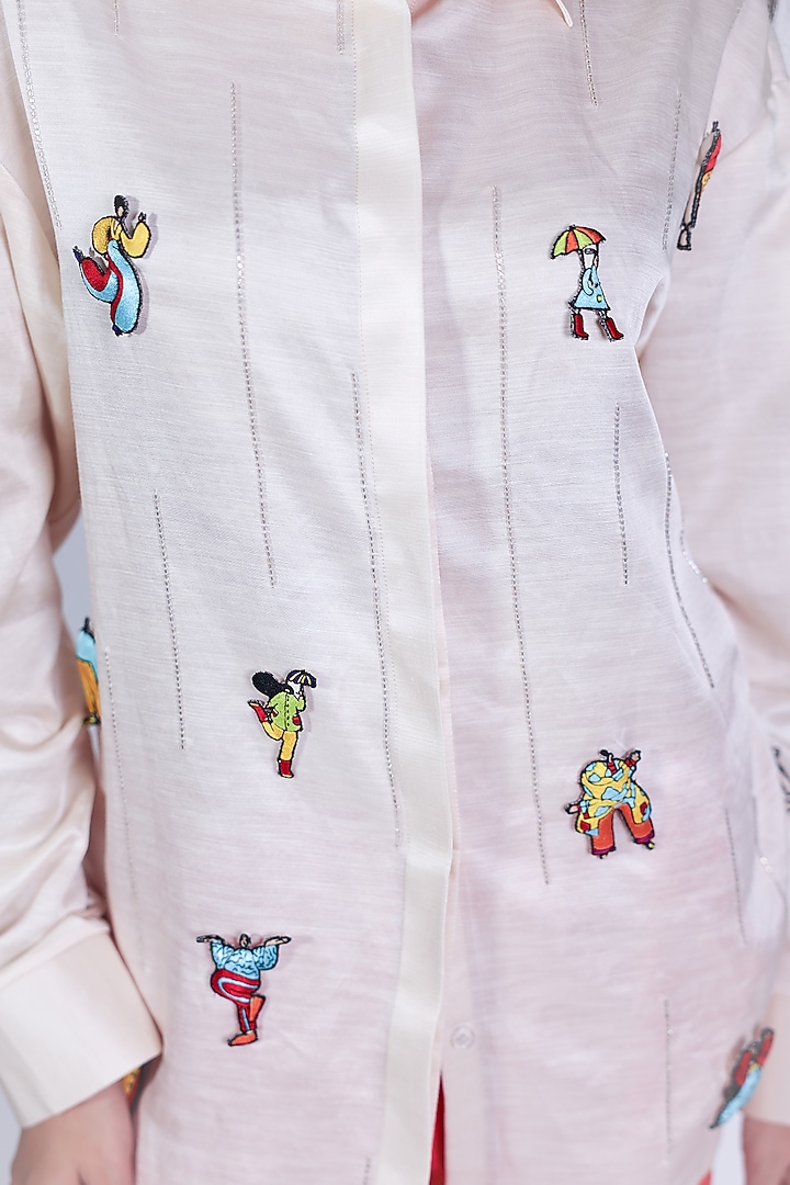 Ivory Linen Satin Hand Embroidered Shirt by ARYA GIRI at Pernia's Pop Up Shop