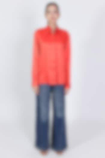Red Linen Satin Hand Embroidered Shirt by ARYA GIRI at Pernia's Pop Up Shop
