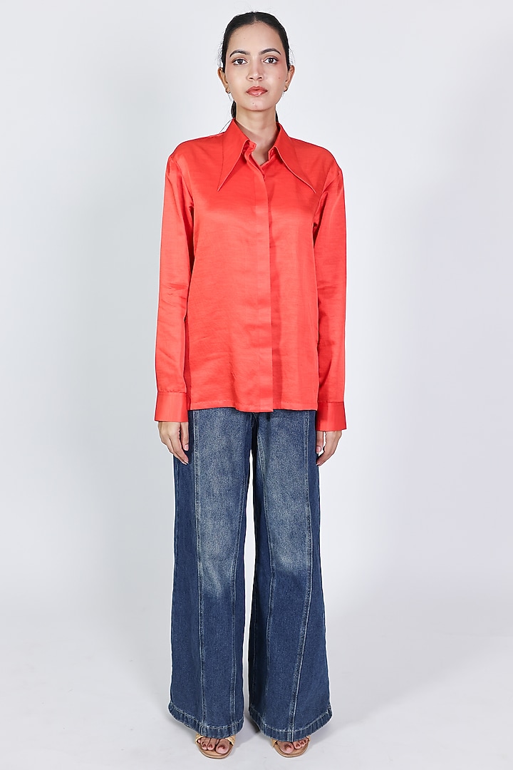 Red Linen Satin Hand Embroidered Shirt by ARYA GIRI at Pernia's Pop Up Shop