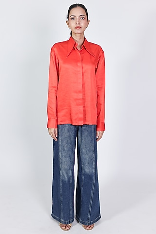 Red Linen Satin Hand Embroidered Shirt by ARYA GIRI