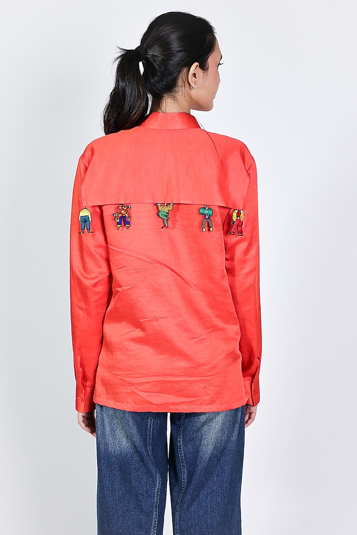 Red Linen Satin Hand Embroidered Shirt by ARYA GIRI at Pernia's Pop Up Shop