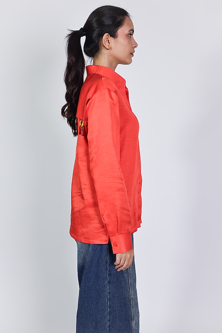 Red Linen Satin Hand Embroidered Shirt by ARYA GIRI at Pernia's Pop Up Shop