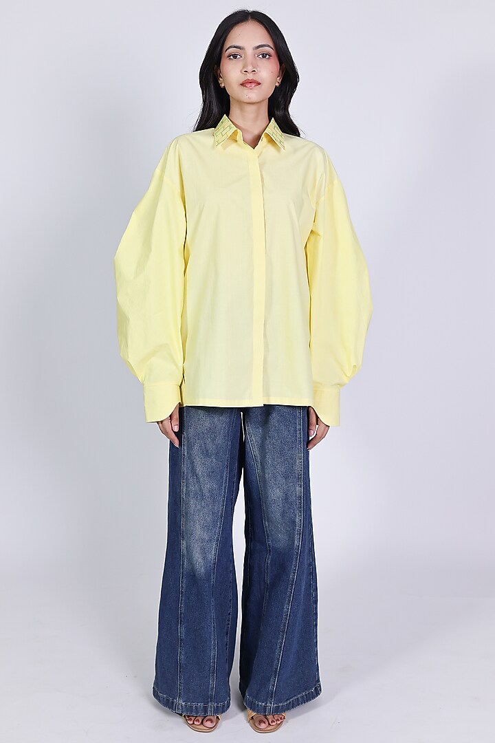 Yellow Poplin Hand Embroidered Shirt by ARYA GIRI at Pernia's Pop Up Shop