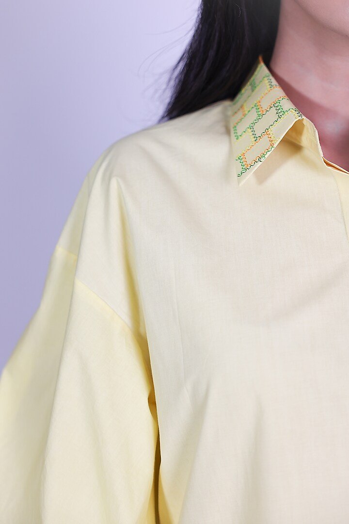 Yellow Poplin Hand Embroidered Shirt by ARYA GIRI at Pernia's Pop Up Shop
