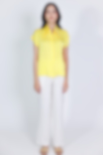 Yellow Cotton Satin Zari Hand Embroidered Shirt by ARYA GIRI at Pernia's Pop Up Shop